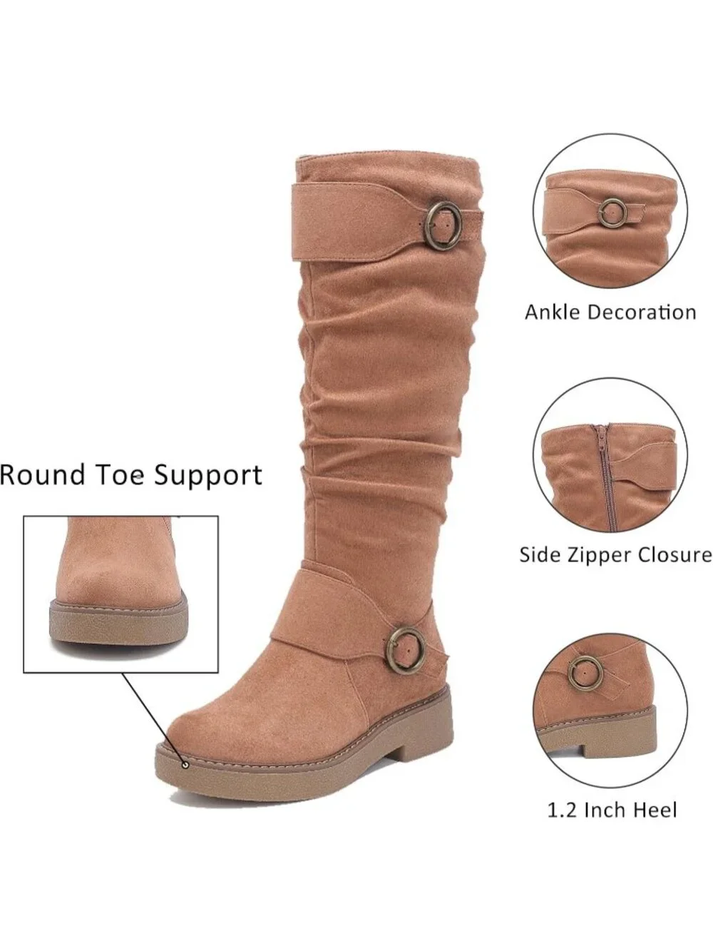 Women's Tan Casual Platform Slouchy Side Zipper Comfort Round Toe Knee High Boot